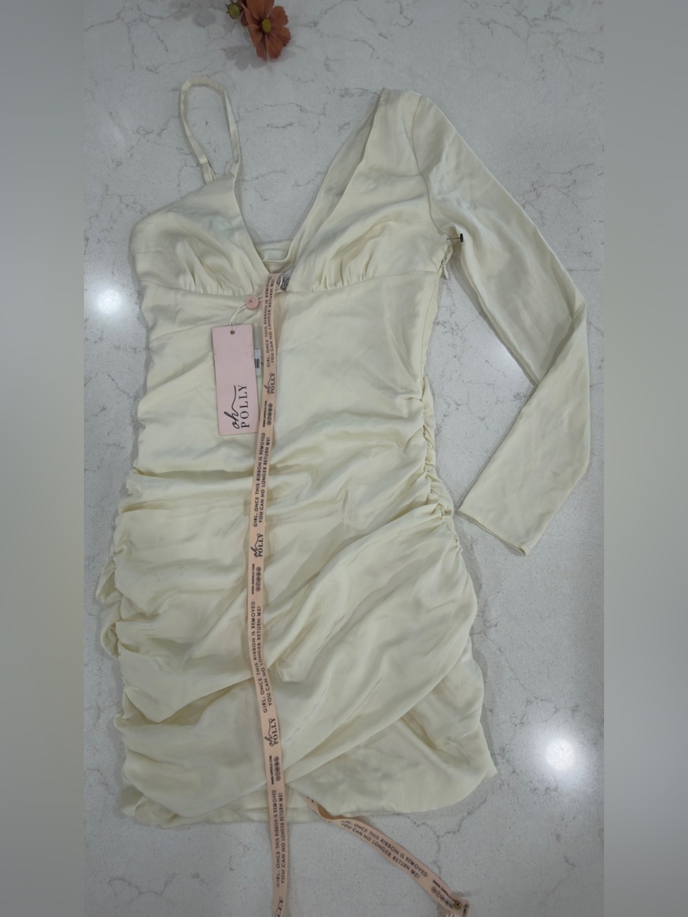 Oh Polly Cream One-Shoulder Long Sleeve Ruched Mini Dress